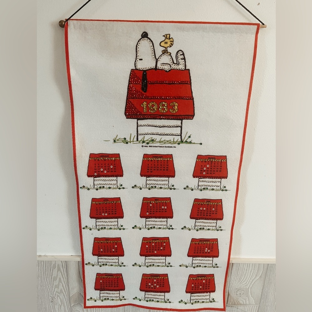Vintage 1983 Felt Sequin Snoopy hanging wall calendar